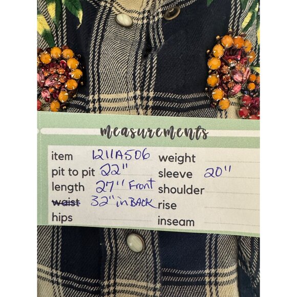 2/$30 ZARA S Plaid Navy Blue Longline Shirt Jacket Floral Beading & Snaps - Picture 10 of 16